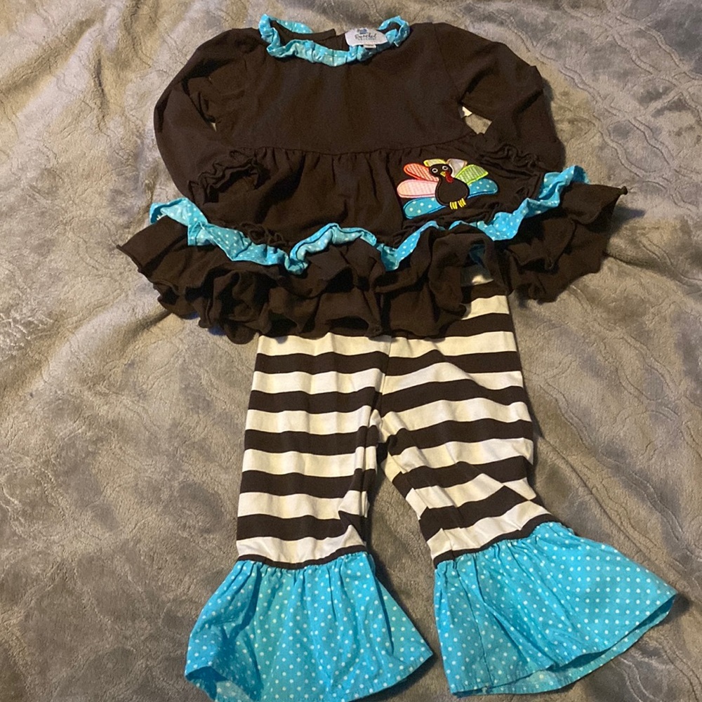 Smocked polka dot turkey appliqué thanksgiving outfit size 12m
